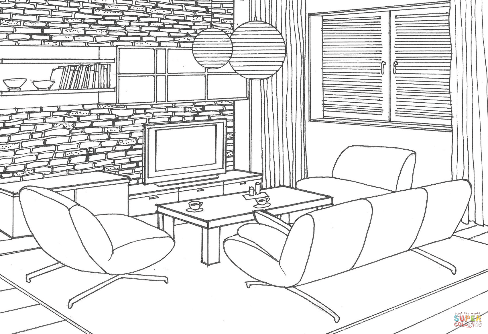 Stone wall in the living room coloring page