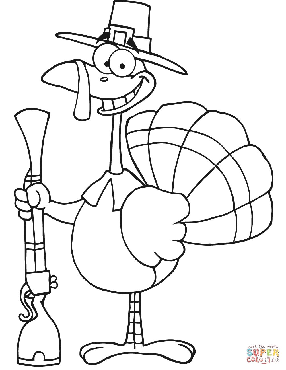 Happy turkey with pilgrim hat and musket