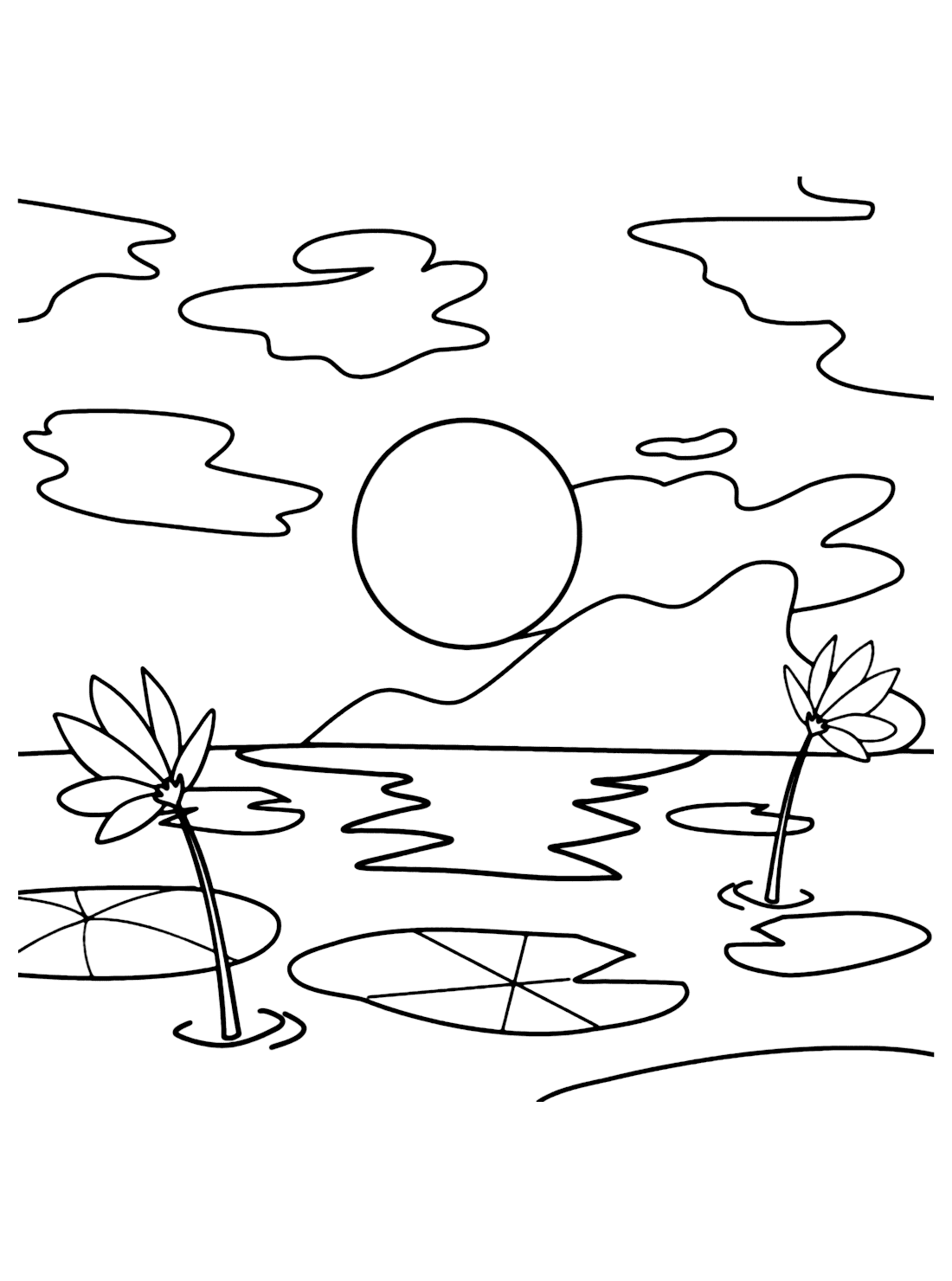 Lake with water lilies sky coloring pages