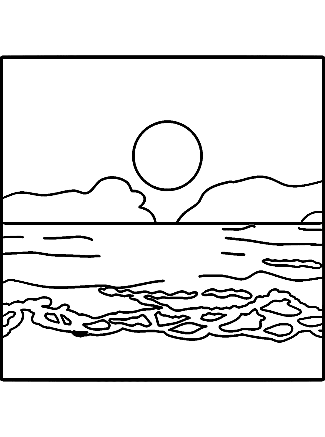 Seashore sunset with pink sky coloring pages