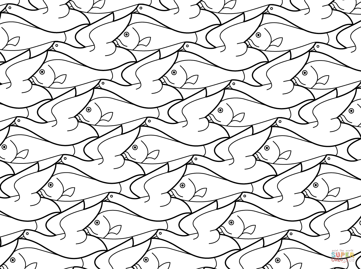 Bird fish tessellation by mc escher coloring pages