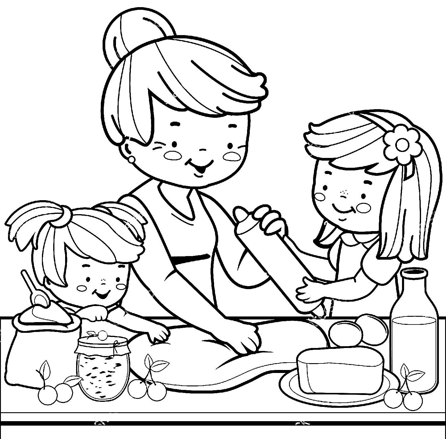 Grandmother and Children Make Cakes