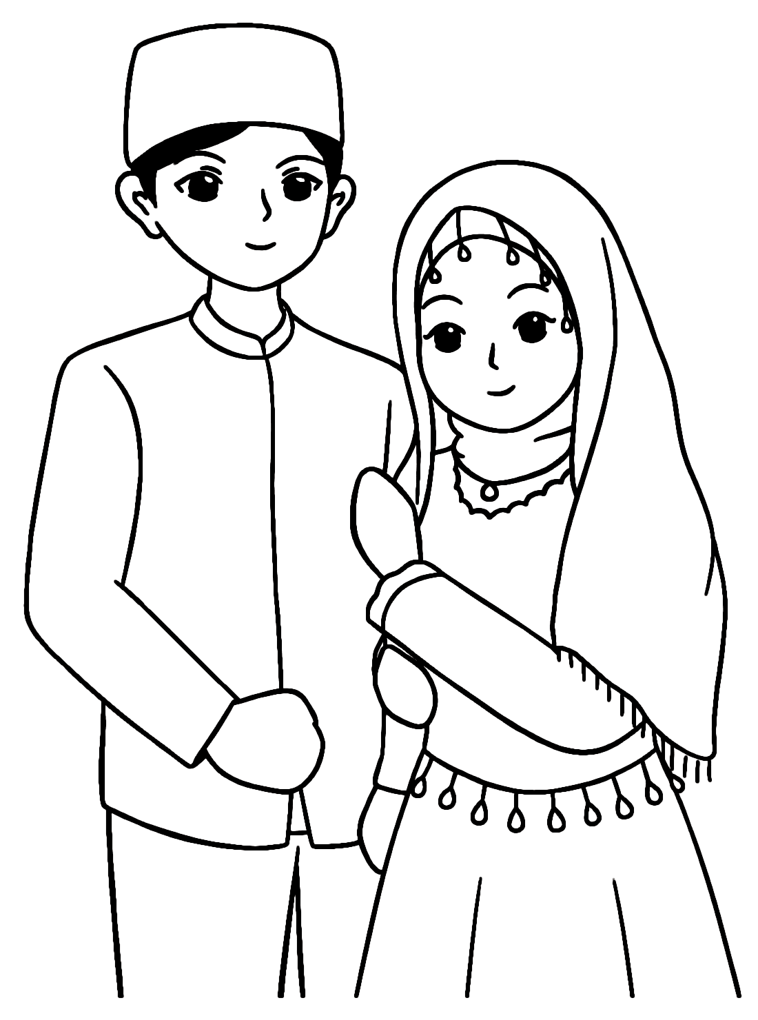 Cute Muslim Married Couple Wearing White Wedding Dress